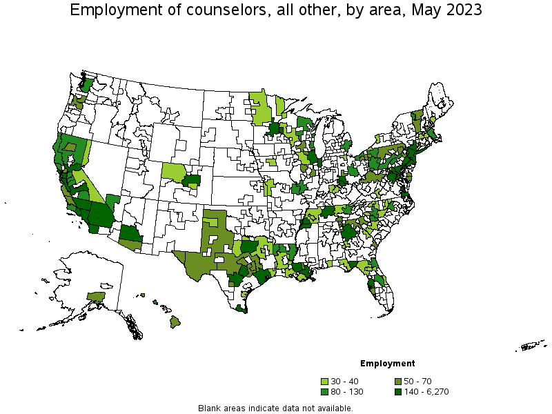 Map of employment of counselors, all other by area, May 2023