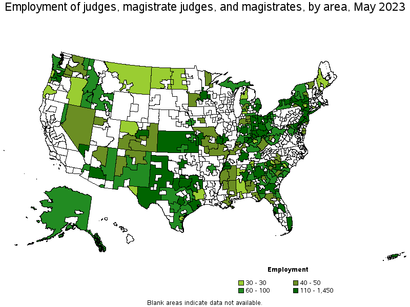 Map of employment of judges, magistrate judges, and magistrates by area, May 2023