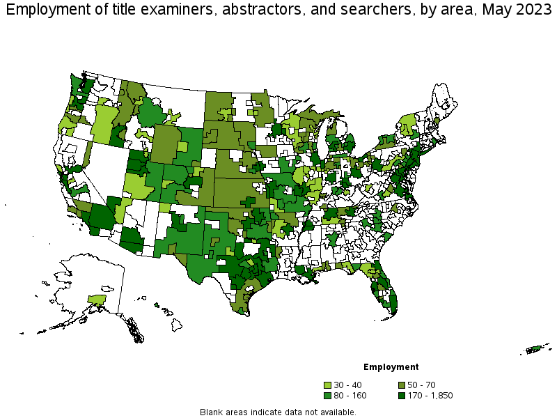 Map of employment of title examiners, abstractors, and searchers by area, May 2023