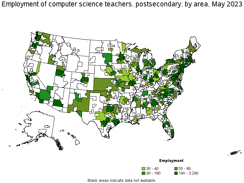Map of employment of computer science teachers, postsecondary by area, May 2023
