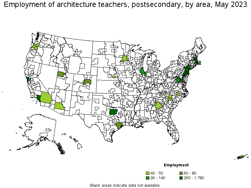 Map of employment of architecture teachers, postsecondary by area, May 2023