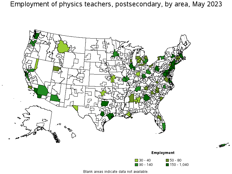 Map of employment of physics teachers, postsecondary by area, May 2023
