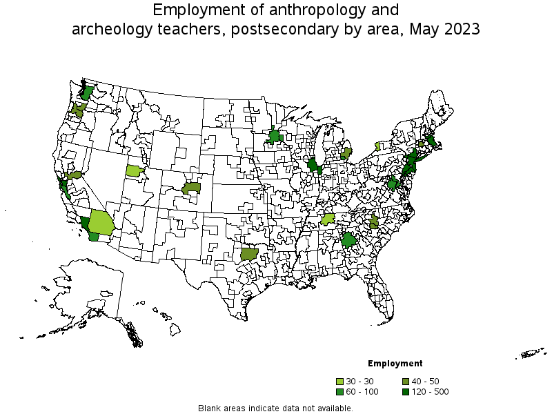 Map of employment of anthropology and archeology teachers, postsecondary by area, May 2023