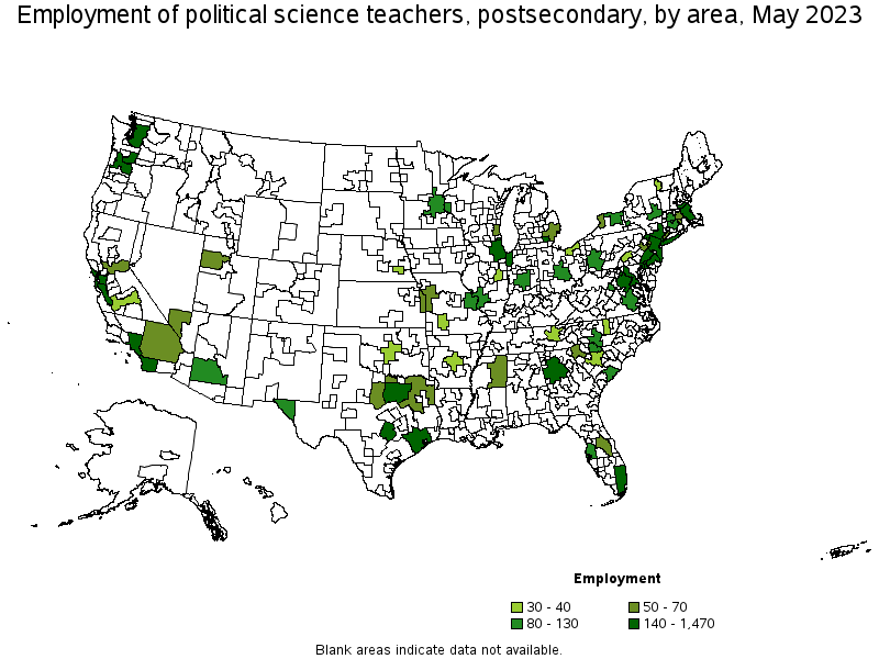 Map of employment of political science teachers, postsecondary by area, May 2023