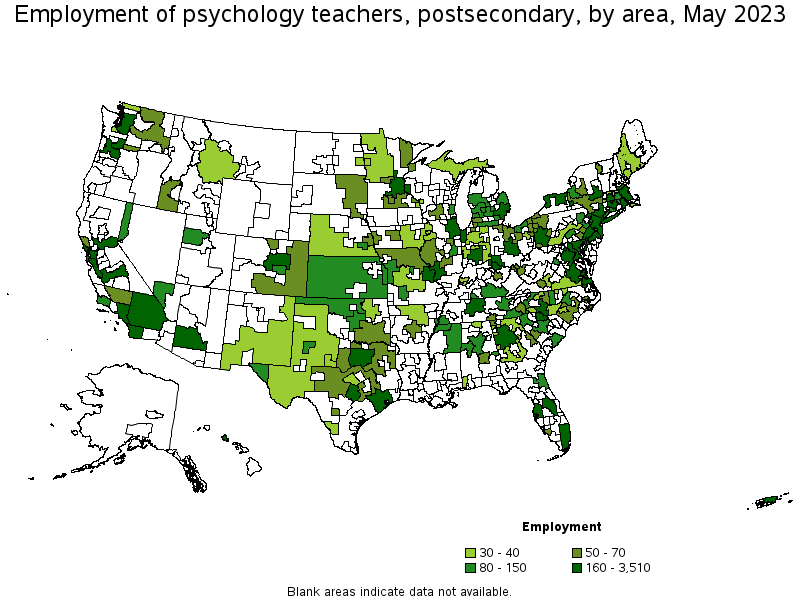 Map of employment of psychology teachers, postsecondary by area, May 2023