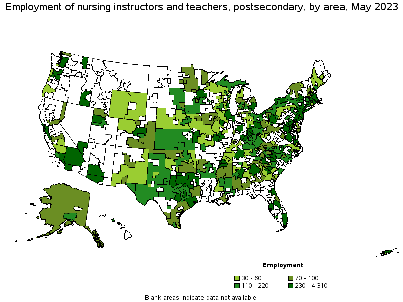 Map of employment of nursing instructors and teachers, postsecondary by area, May 2023