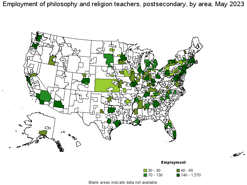 Map of employment of philosophy and religion teachers, postsecondary by area, May 2023