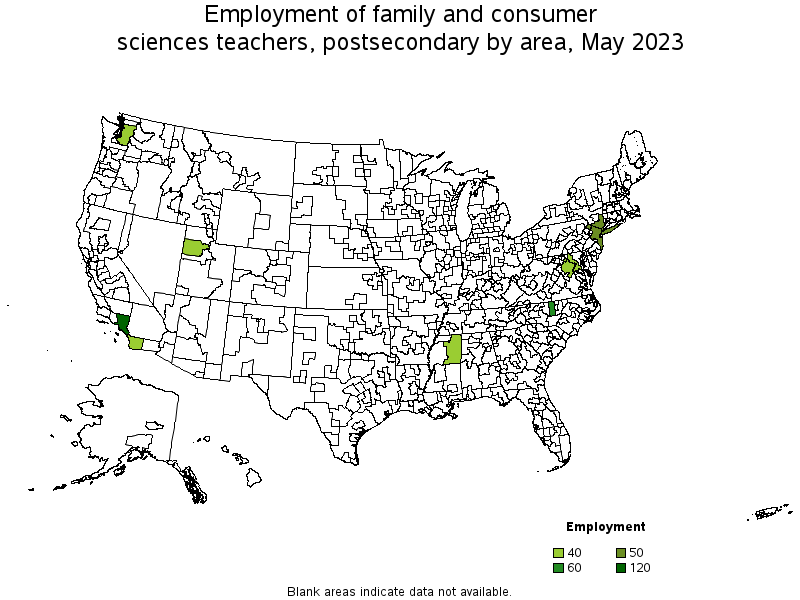 Map of employment of family and consumer sciences teachers, postsecondary by area, May 2023