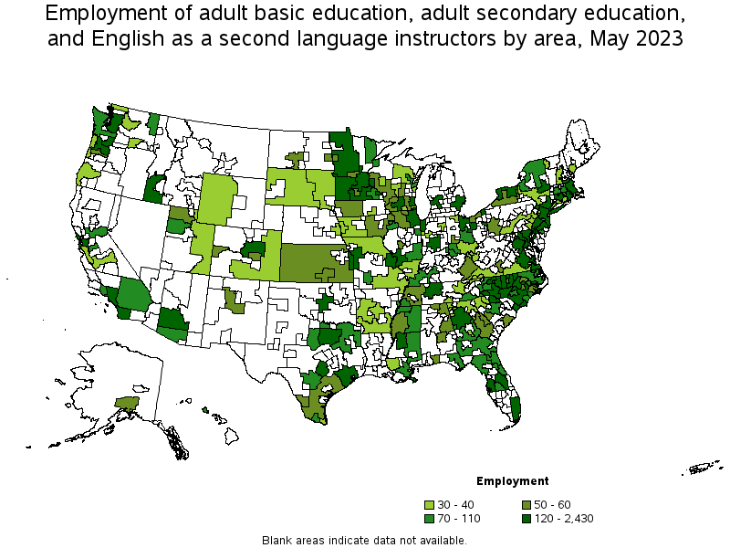 Map of employment of adult basic education, adult secondary education, and english as a second language instructors by area, May 2023