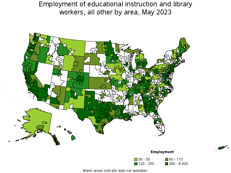 Map of employment of educational instruction and library workers, all other by area, May 2023
