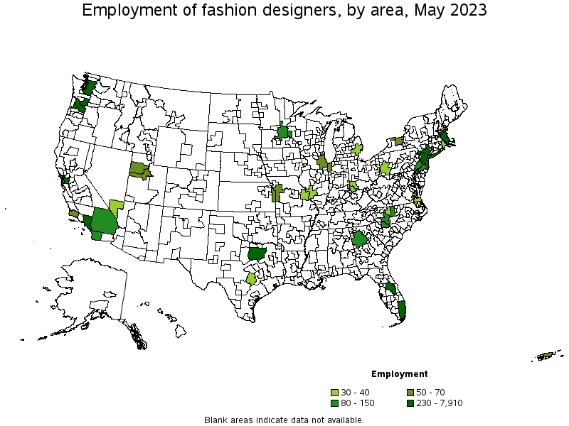 Map of employment of fashion designers by area, May 2023