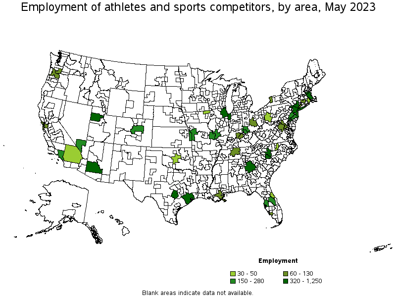 Map of employment of athletes and sports competitors by area, May 2023