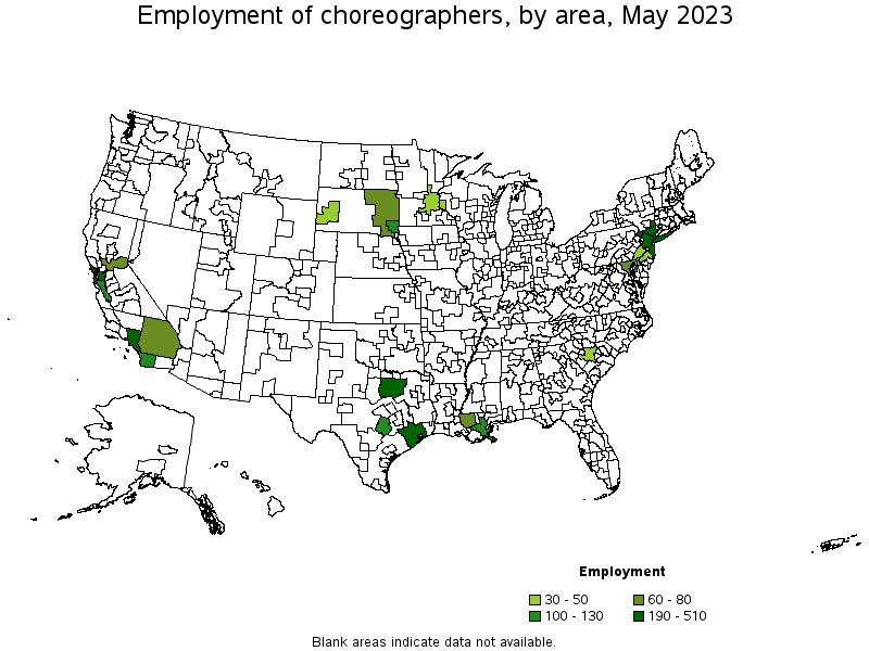 Map of employment of choreographers by area, May 2023