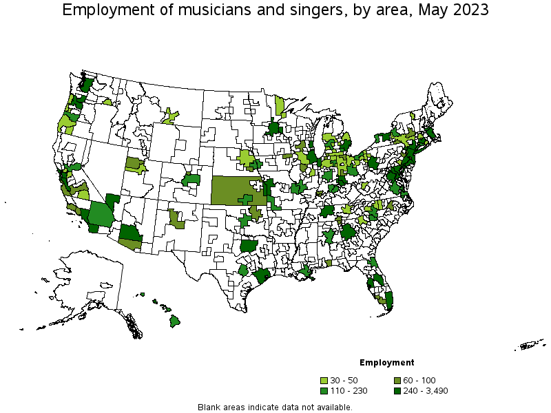 Map of employment of musicians and singers by area, May 2023