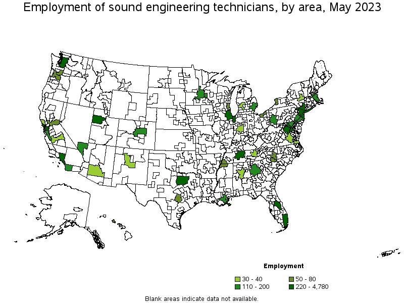 Map of employment of sound engineering technicians by area, May 2023