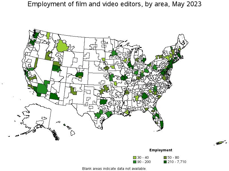 Map of employment of film and video editors by area, May 2023