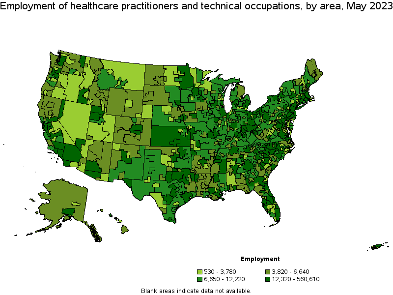 Map of employment of healthcare practitioners and technical occupations by area, May 2023