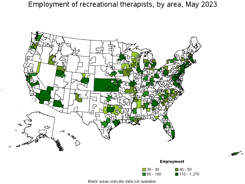Map of employment of recreational therapists by area, May 2023