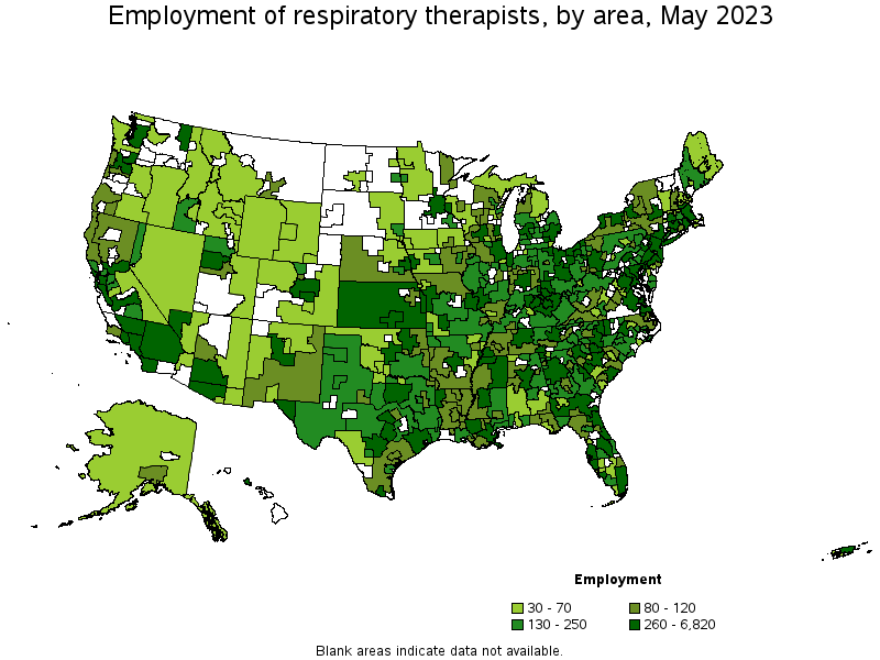 Map of employment of respiratory therapists by area, May 2023