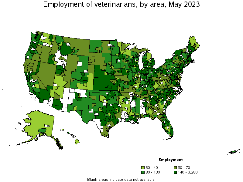 Map of employment of veterinarians by area, May 2023