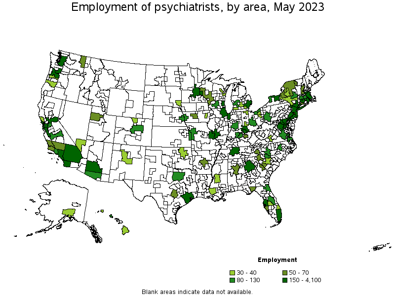 Map of employment of psychiatrists by area, May 2023