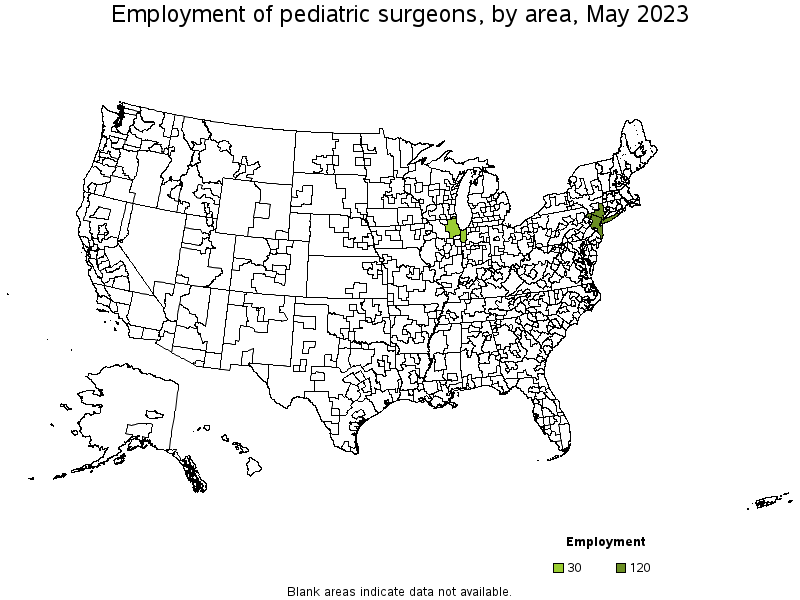 Map of employment of pediatric surgeons by area, May 2023