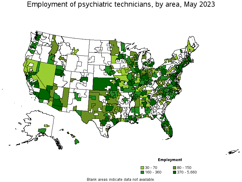 Map of employment of psychiatric technicians by area, May 2023