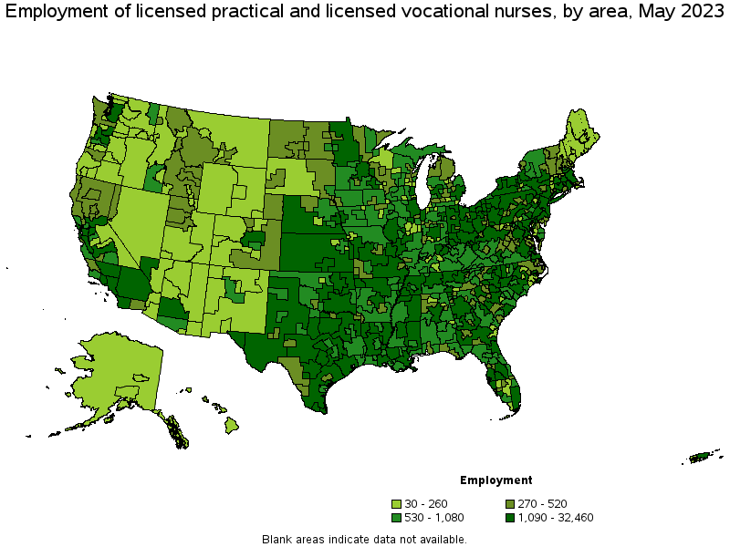 Map of employment of licensed practical and licensed vocational nurses by area, May 2023