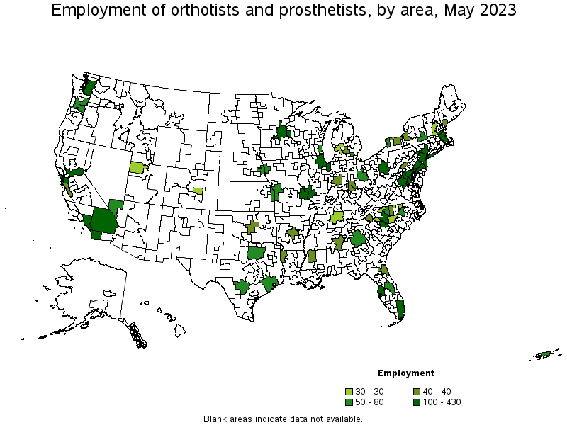 Map of employment of orthotists and prosthetists by area, May 2023