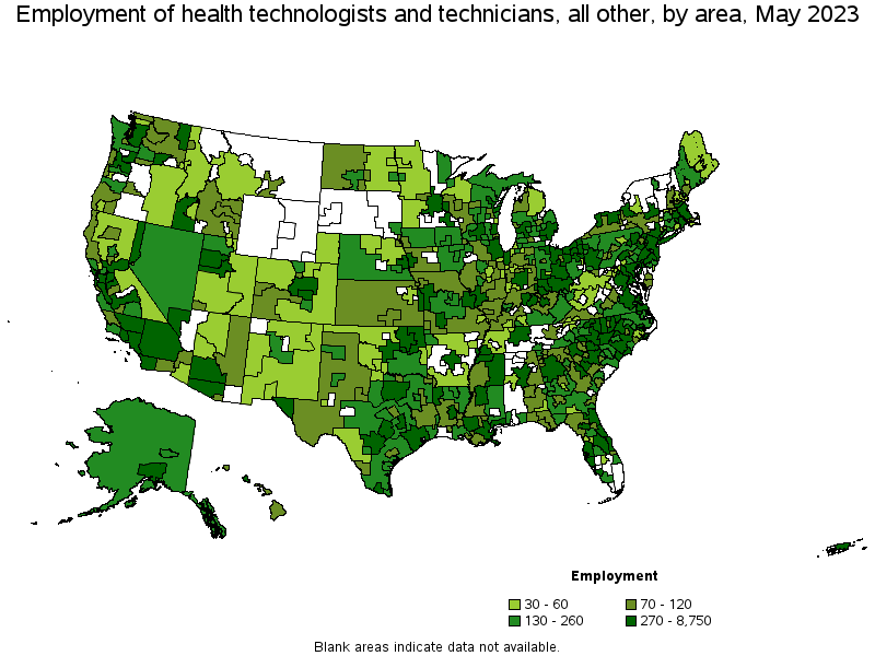 Map of employment of health technologists and technicians, all other by area, May 2023