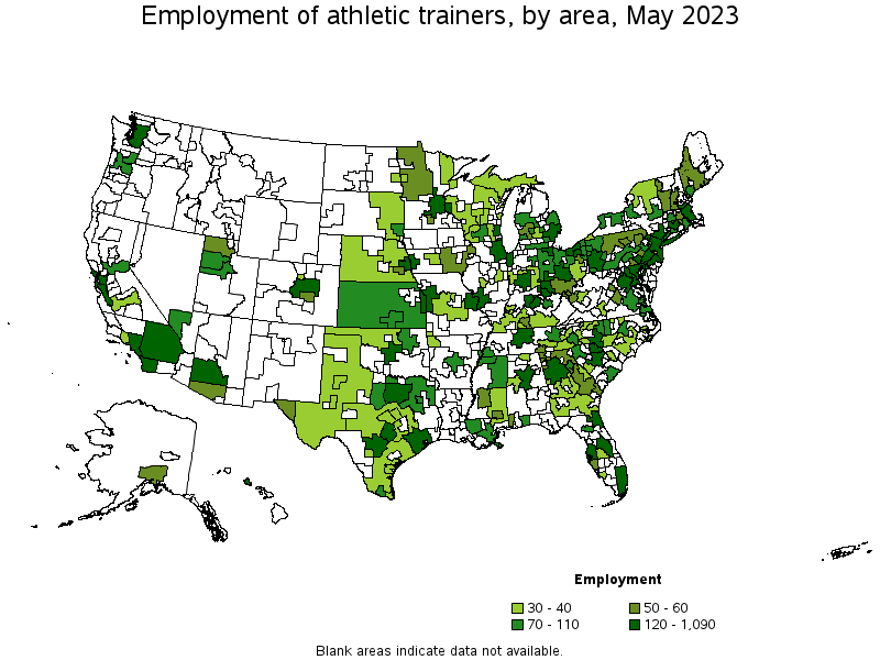 Map of employment of athletic trainers by area, May 2023