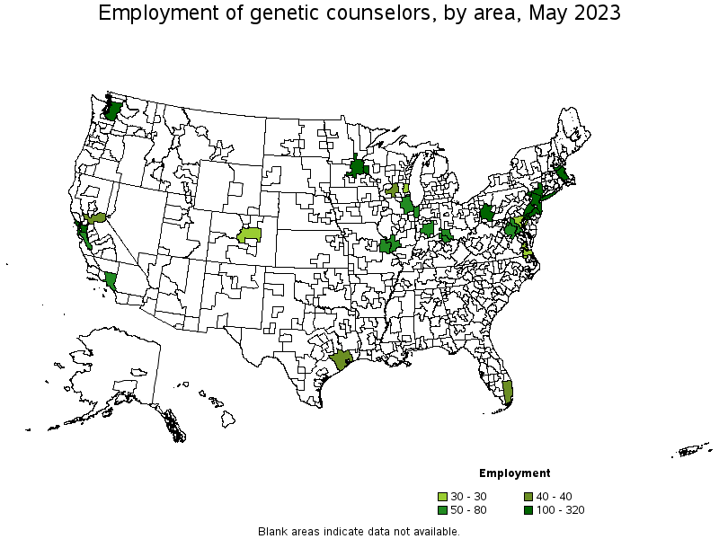 Map of employment of genetic counselors by area, May 2023