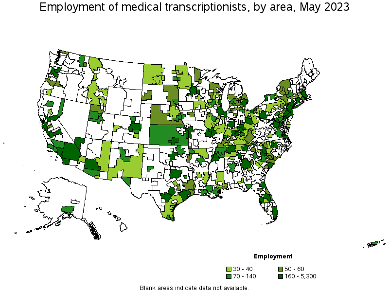 Map of employment of medical transcriptionists by area, May 2023