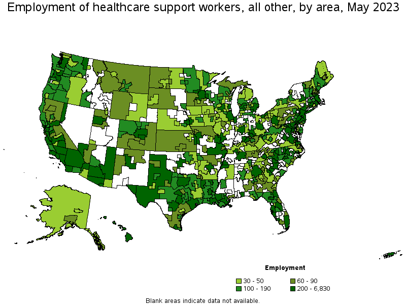 Map of employment of healthcare support workers, all other by area, May 2023