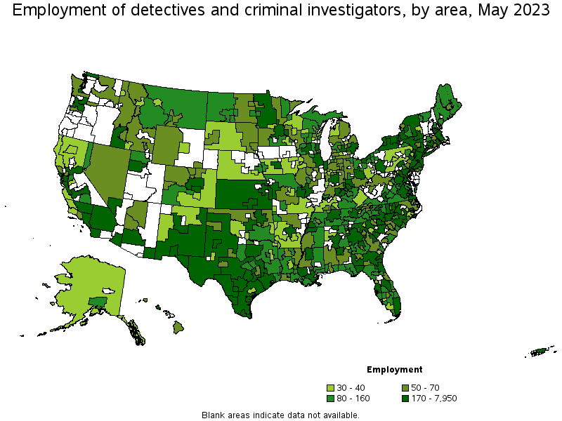Map of employment of detectives and criminal investigators by area, May 2023