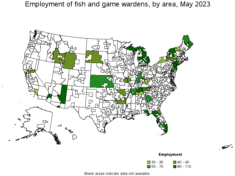 Map of employment of fish and game wardens by area, May 2023