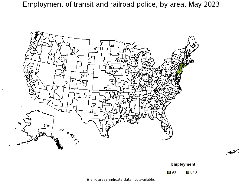 Map of employment of transit and railroad police by area, May 2023