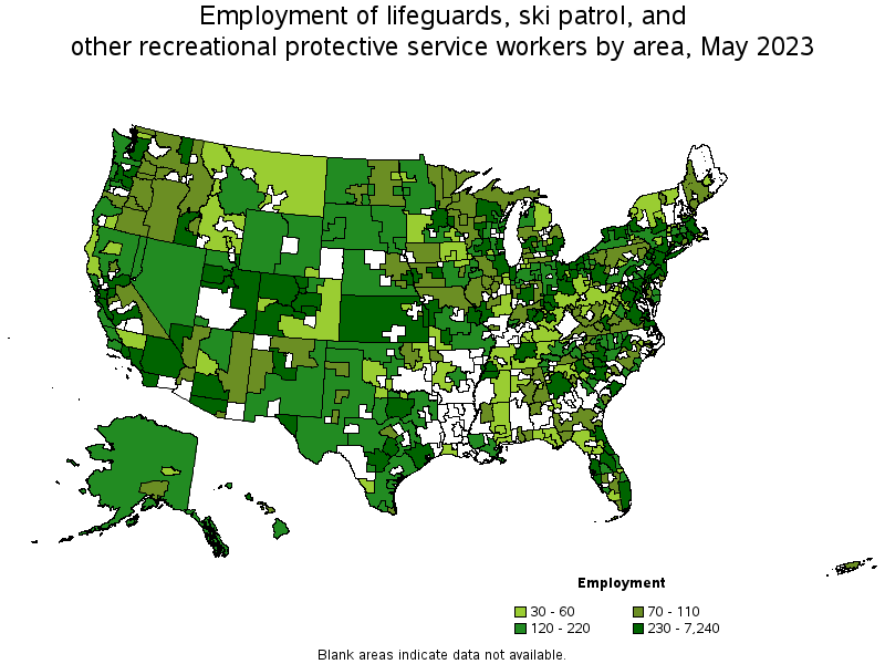Map of employment of lifeguards, ski patrol, and other recreational protective service workers by area, May 2023