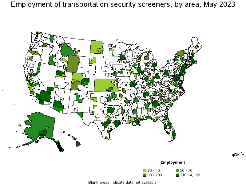 Map of employment of transportation security screeners by area, May 2023