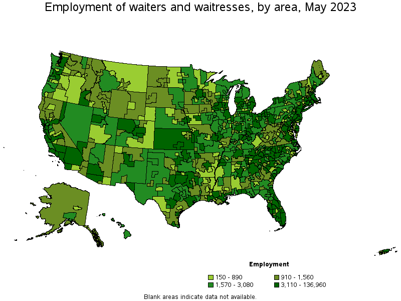 Map of employment of waiters and waitresses by area, May 2023