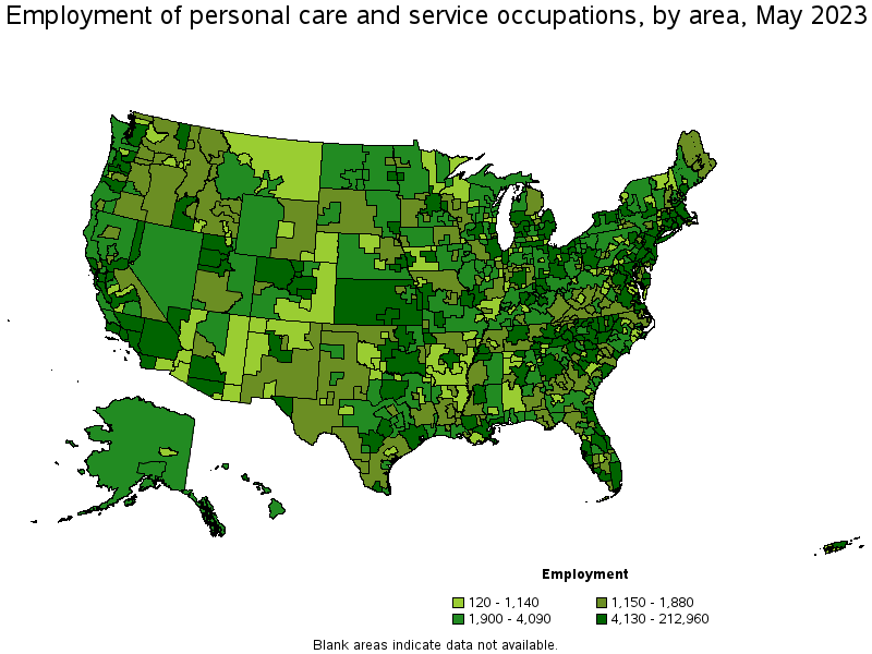 Map of employment of personal care and service occupations by area, May 2023