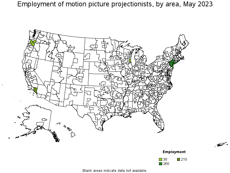 Map of employment of motion picture projectionists by area, May 2023