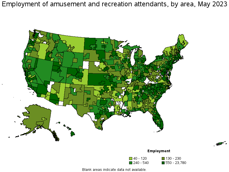 Map of employment of amusement and recreation attendants by area, May 2023