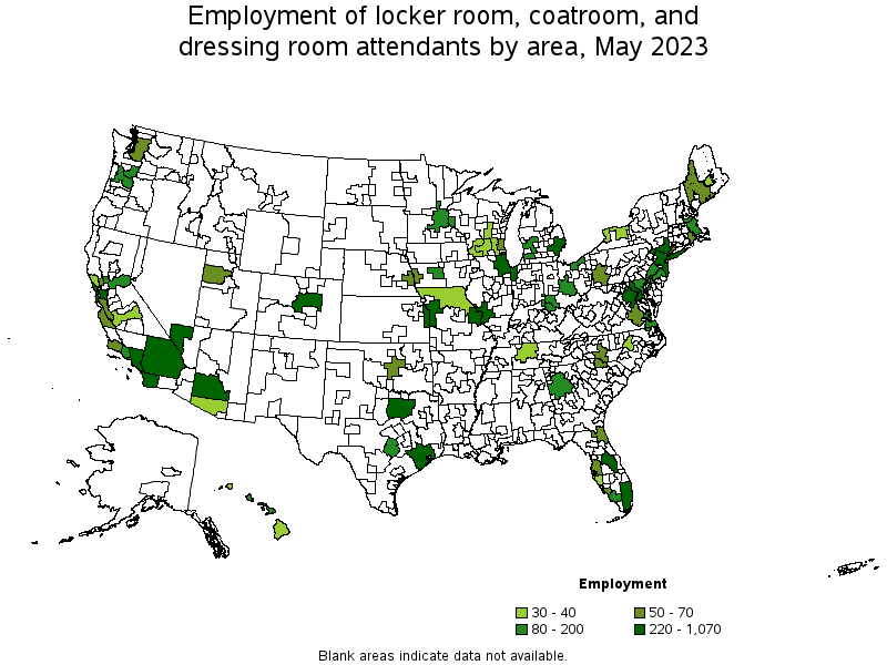 Map of employment of locker room, coatroom, and dressing room attendants by area, May 2023