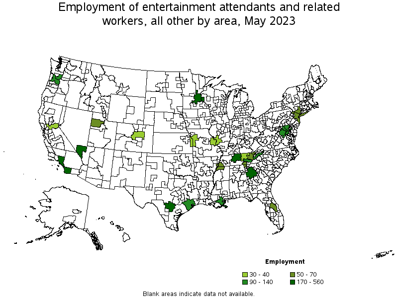 Map of employment of entertainment attendants and related workers, all other by area, May 2023