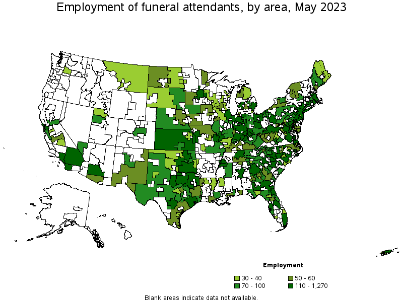Map of employment of funeral attendants by area, May 2023