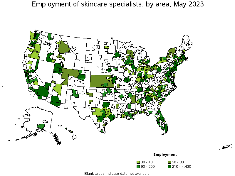 Map of employment of skincare specialists by area, May 2023
