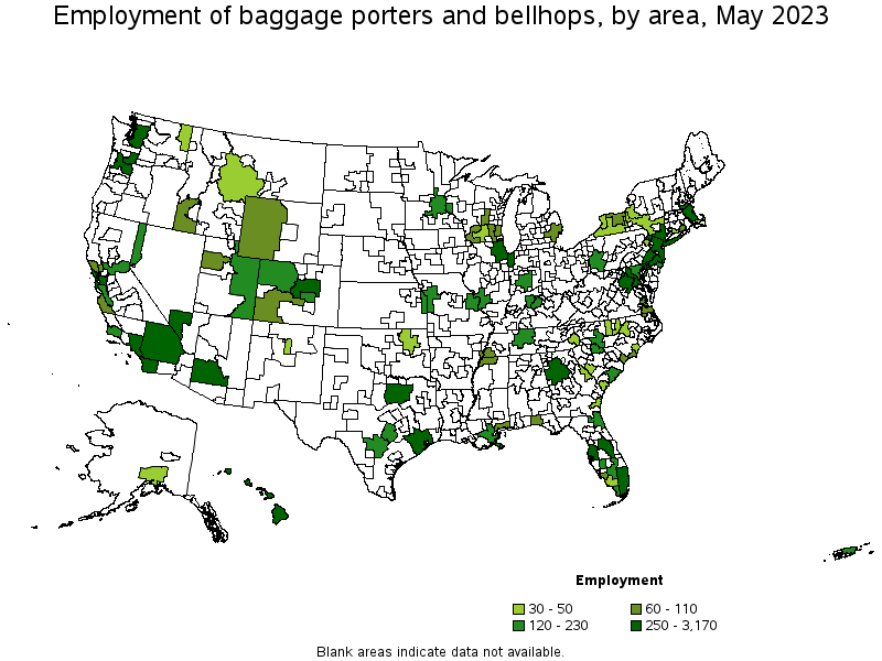 Map of employment of baggage porters and bellhops by area, May 2023