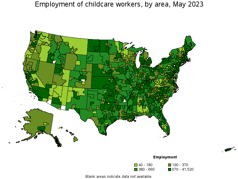 Map of employment of childcare workers by area, May 2023