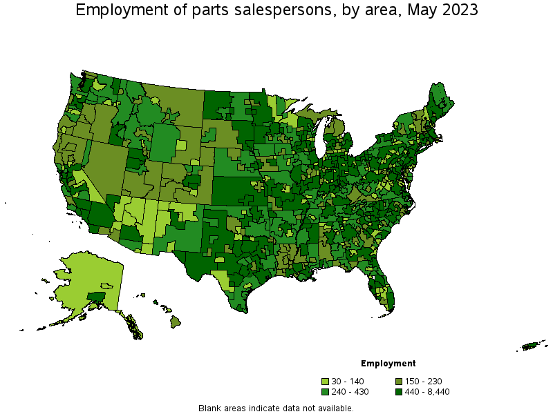 Map of employment of parts salespersons by area, May 2023